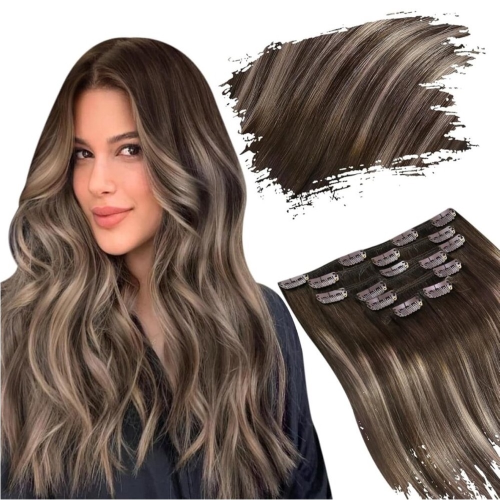 New 7PCS 16 Inch Dark Brown Ombre Ash Brown Clip-in Human Hair Extensions